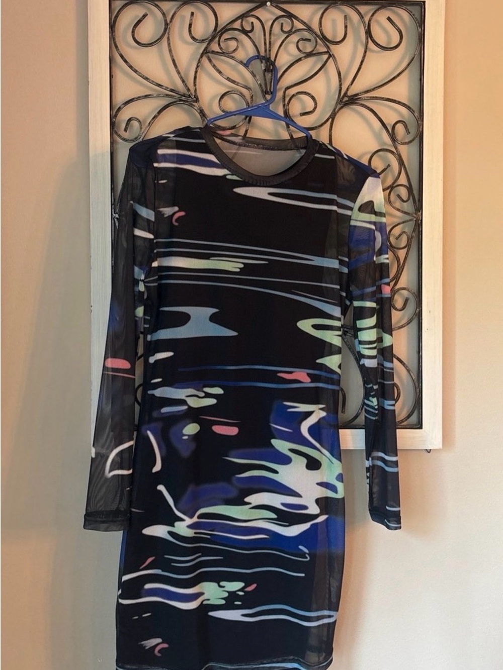 Forever 21 Black Sheer Long-Sleeve Midi Dress with Abstract Accent Colors